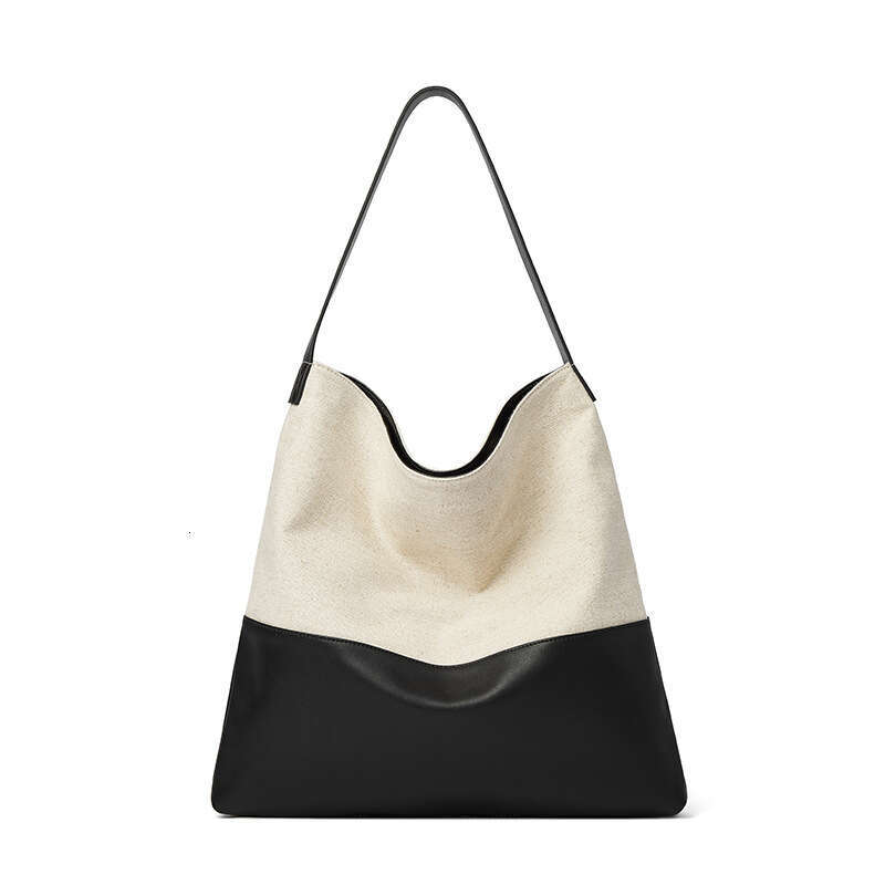 Color-Block Cowhide and Canvas Casual Lazy Style Underarm Shoulder Large Capacity Tote Bag for Women