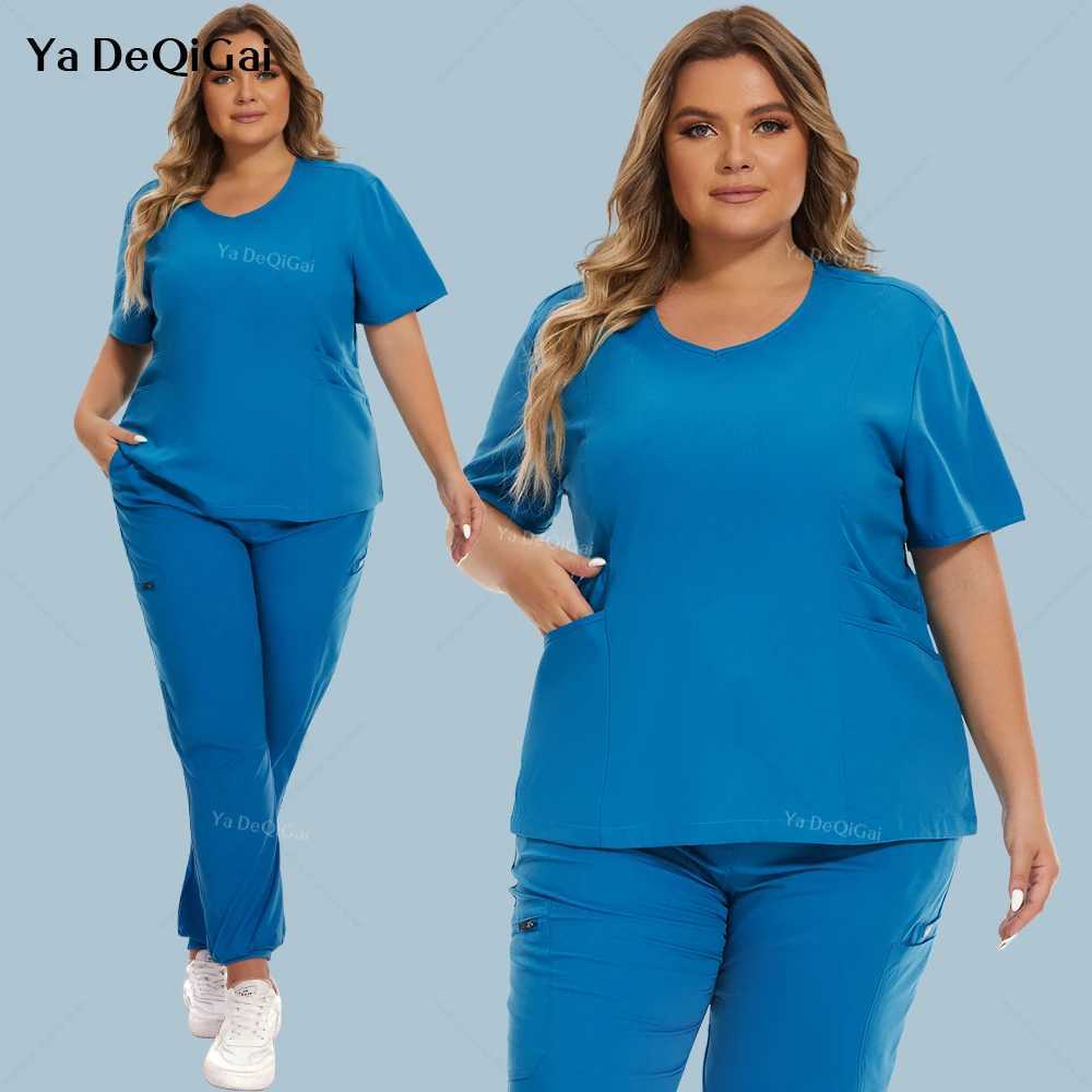 Medical Scrubs Set Women Stretch Work Uniforms Easy Fit Scrubs Tops Pants Jogger Set Hospital Nurse Uniform Dentist Overalls XXL X2505281