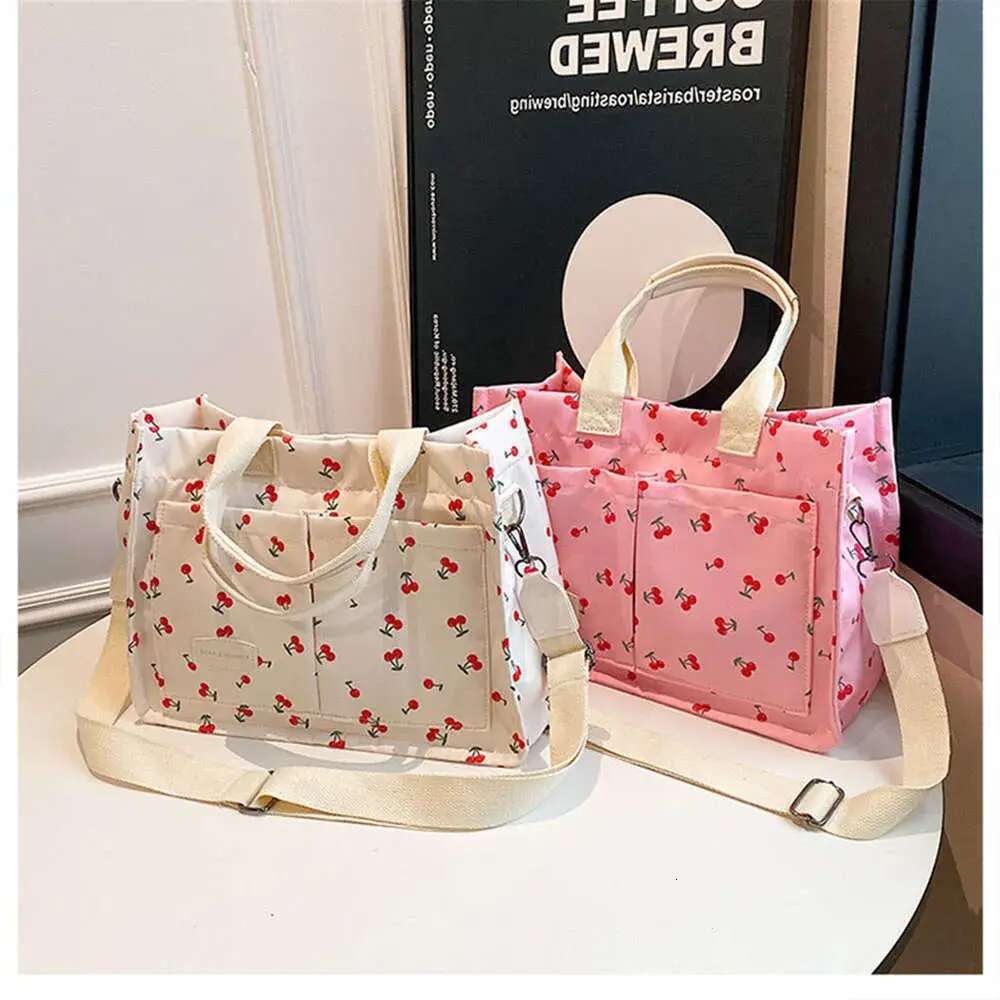 Cherry Tote Women Canvas Patched Purse Cute Shoulder Bag Multi-Pocket Satchel Handbag For Work Travel New 2024