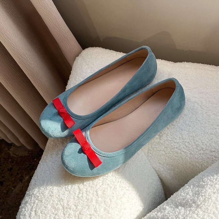 2025 Spring Summer French Bow Round Toe Ballet Women Blue Flat Fairy Evening Style Shallow Mouth Single Shoes