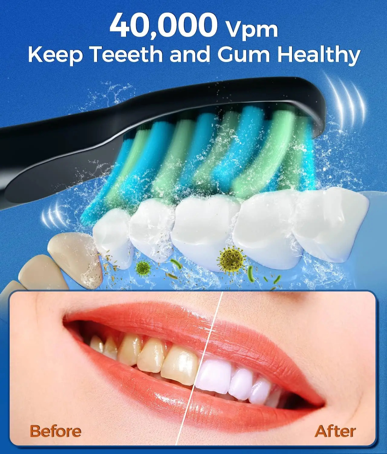 Electric Toothbrush for Adults with 8 Brush Heads Sonic 40000 VPM Deep Clean 5 Modes Rechargeable 250519