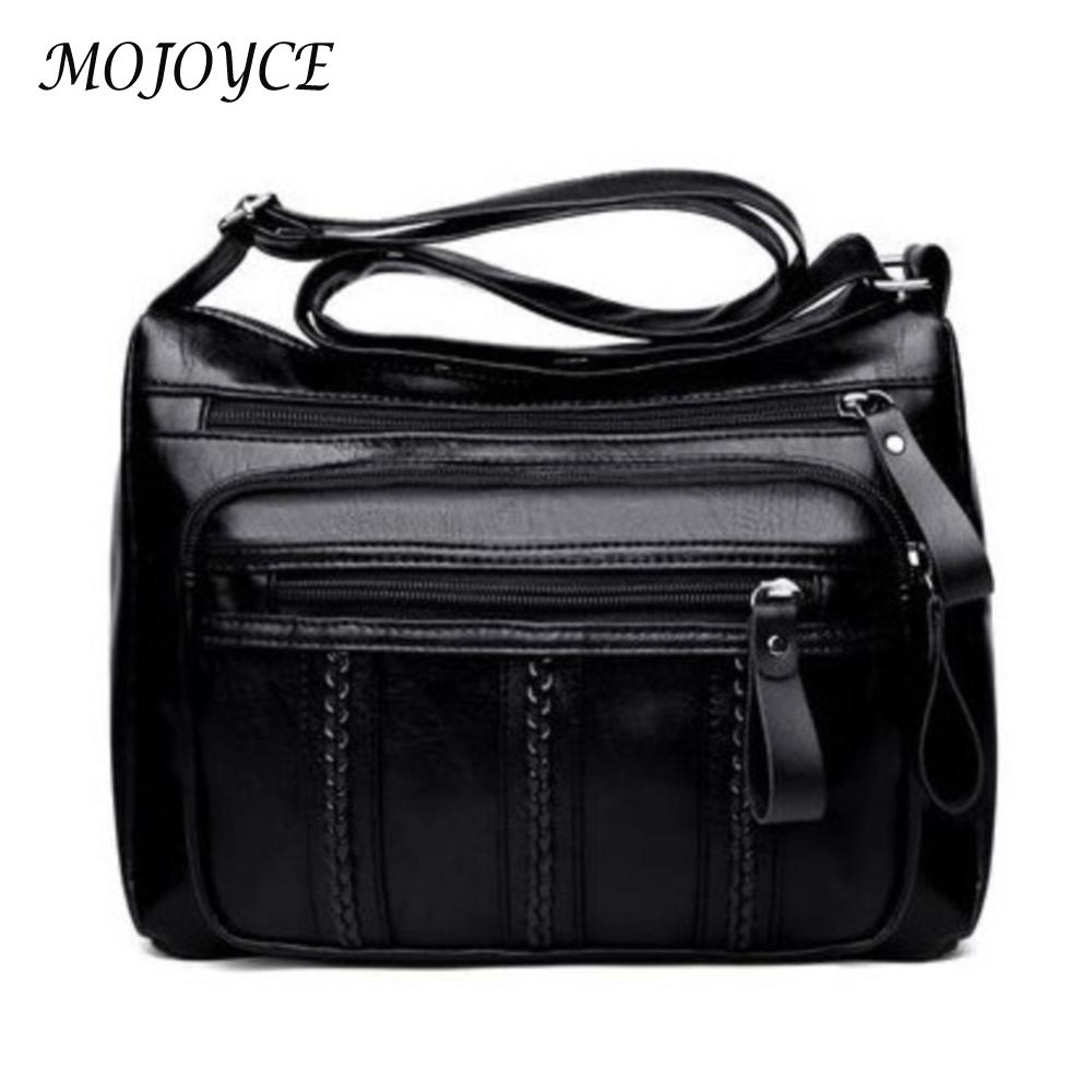 Soft Leather Women Solid Crossbody Bags Braided Multi Pocket Shoulder Handbags