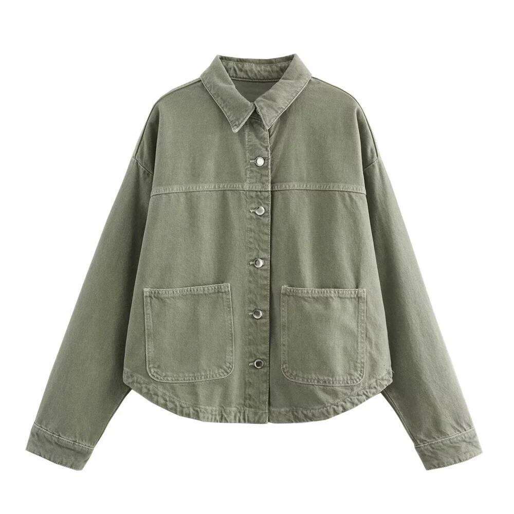 UNIZERA Summer New Women's Loose Casual Polo Collar Long Sleeve Patch Bag Decoration denim jacket