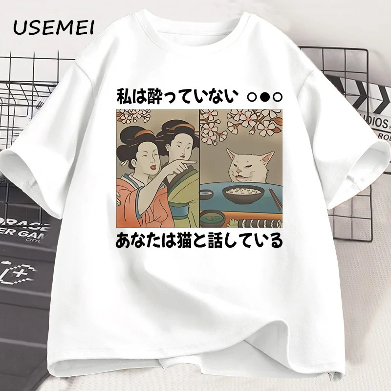 Japanese Style Cartoon Cat T-Shirts Summer Harajuku Kawaii Cat Printed Short Sleeve Tees Harajuku Y2K Tops Vintage Streetwear 250526