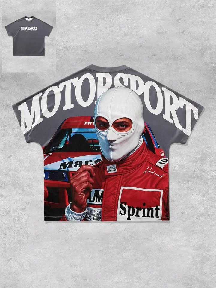 Racing Car T-shirt Mens Summer Round Neck Letter Print Short Pullover Y2k Sweater Model Loose Leisure Outdoor Strt Clothes X250528