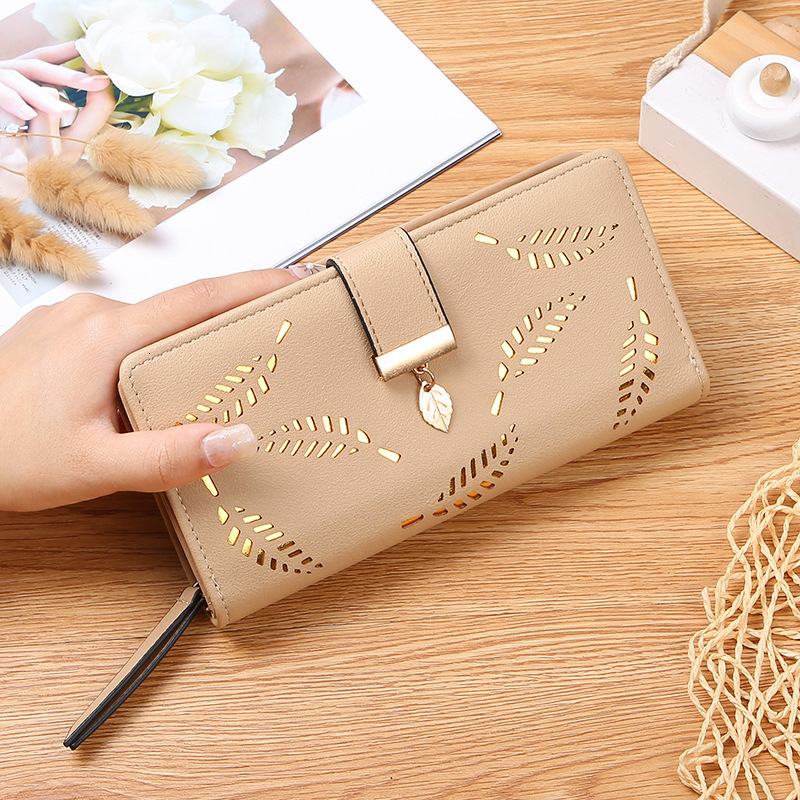 Free Shipping Designer Wallet 2025 New Women's Hollow Leaf Handbag Leather Korean Zipper Card Bag Long Phone Bag