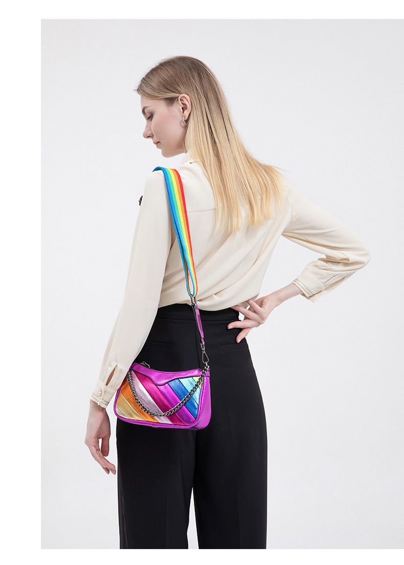 Women's Color Blocking Splicing Wide Chain Crossbody Bag Ladies PU Rainbow Handbag Ins Niche Design Adult Girls Shoulder Bag
