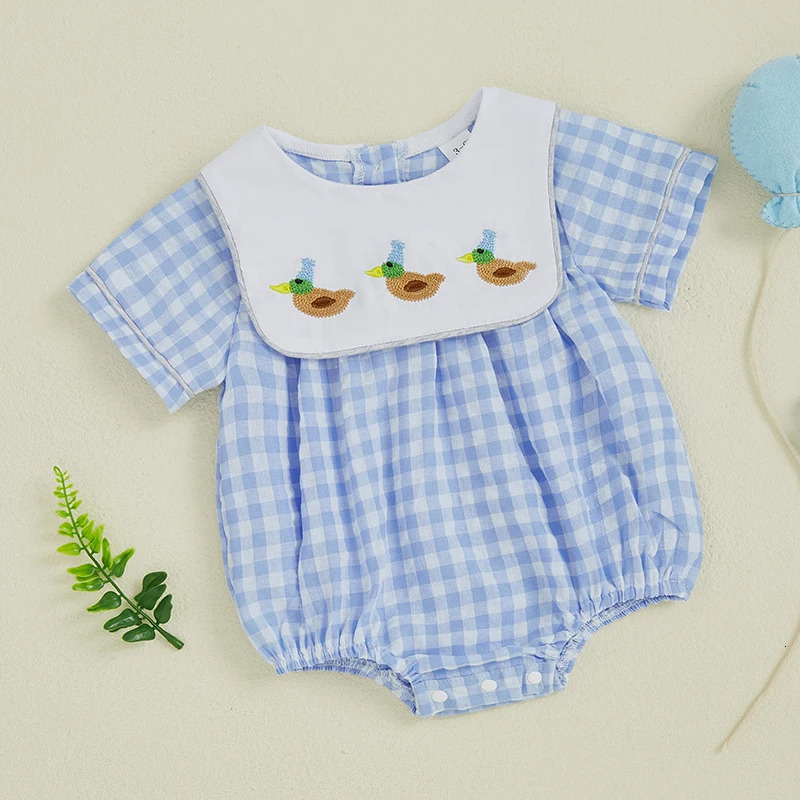 Pudcoco Infant Baby Girl Summer Casual Romper Short Sleeve O Neck Duck Embroidery Plaid Romper 0-18M 250528