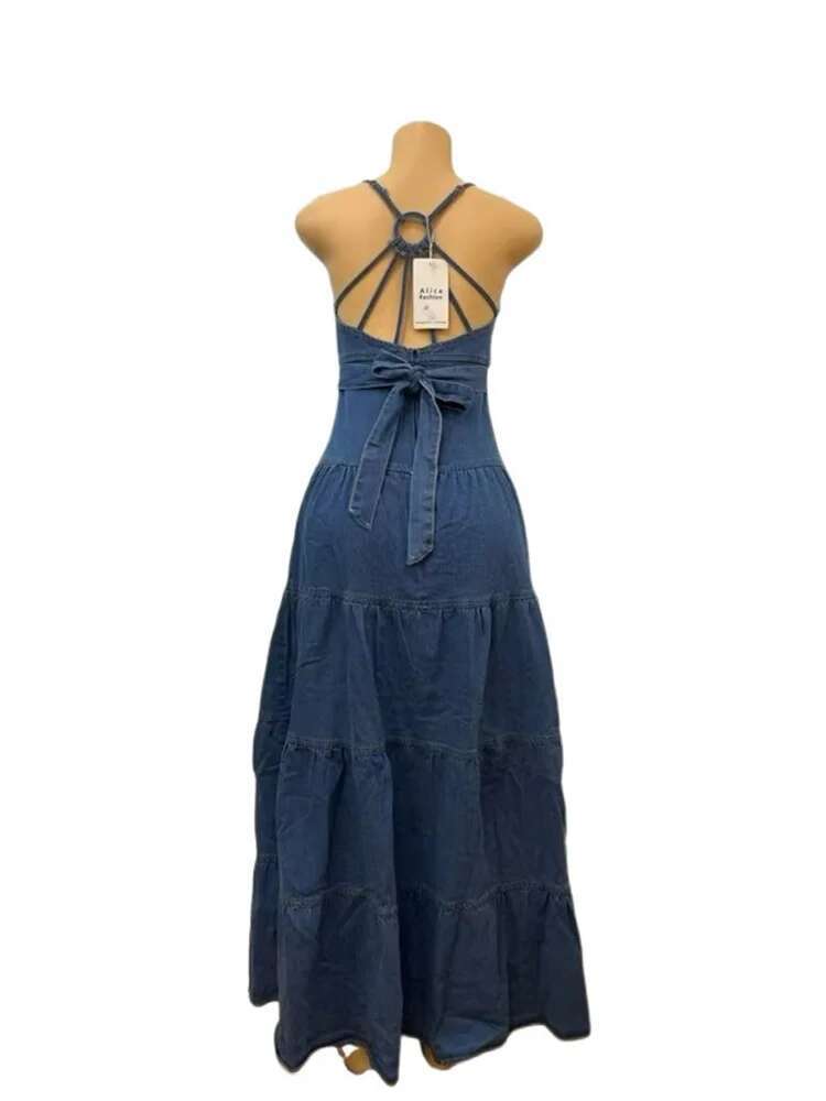 Denim Dresses for Women 2025 Elegant New Sweet Sexy Deep V Neck Halter Bandage Belt Long Dress Wholesale Dropshipping