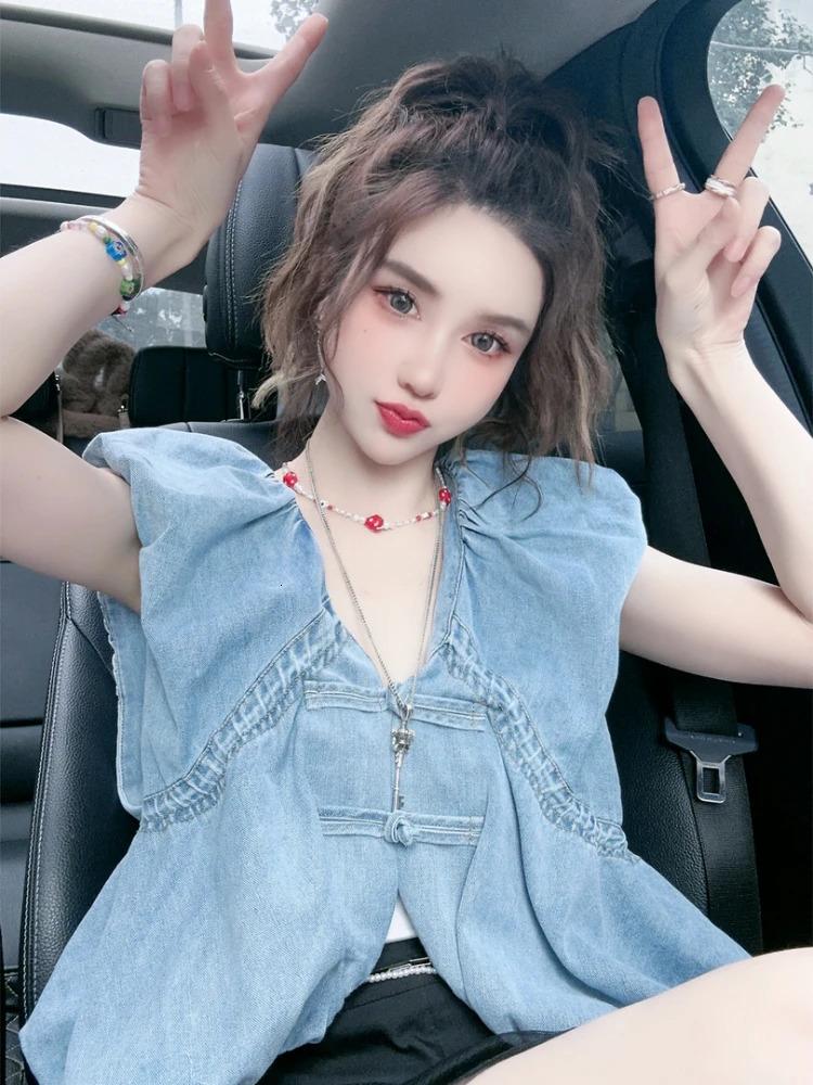 Summer Blouses Elegant Fashion All Match n Solid Color Denim Shirts Sleeveless Vintage Patchwork Womens Clothing 250523