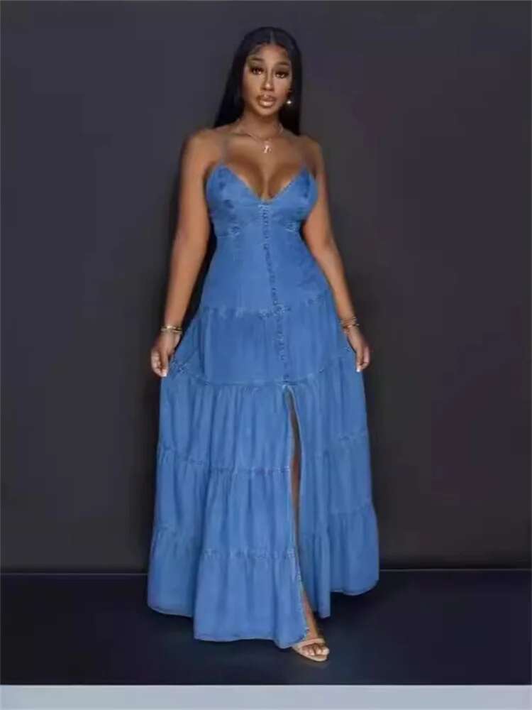 Denim Dresses for Women 2025 Elegant New Sweet Sexy Deep V Neck Halter Bandage Belt Long Dress Wholesale Dropshipping