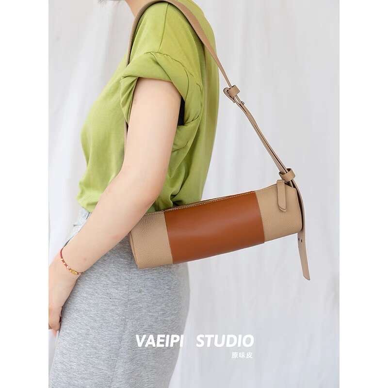 Niche Design Cylinder for Women 2024 New Genuine Leather Simple Shoulder Bag Color Block Fashion Top Layer Cowhide Crossbody