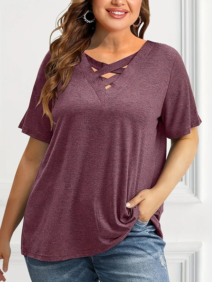 Plus Size Womens Tshirt Solid Short Sleeve VNeck Top Summer Comfortable Breathable Cross Casual Loose 250519