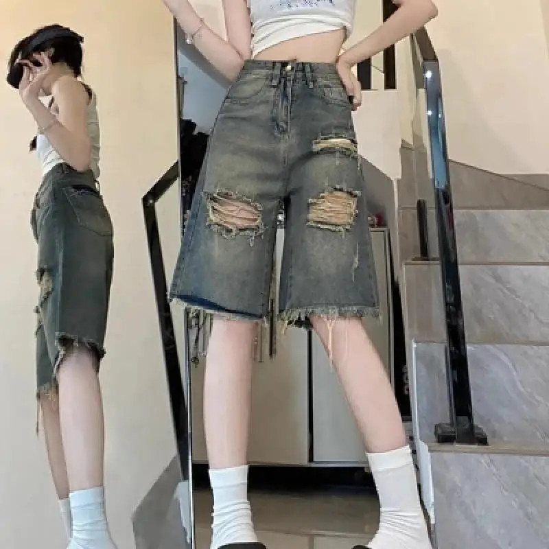 Womens Denim s Distressed Fringe Straight Cut Jeans Summer Casual Loose Fitting Wide Leg Mid Length Pants 250516Z