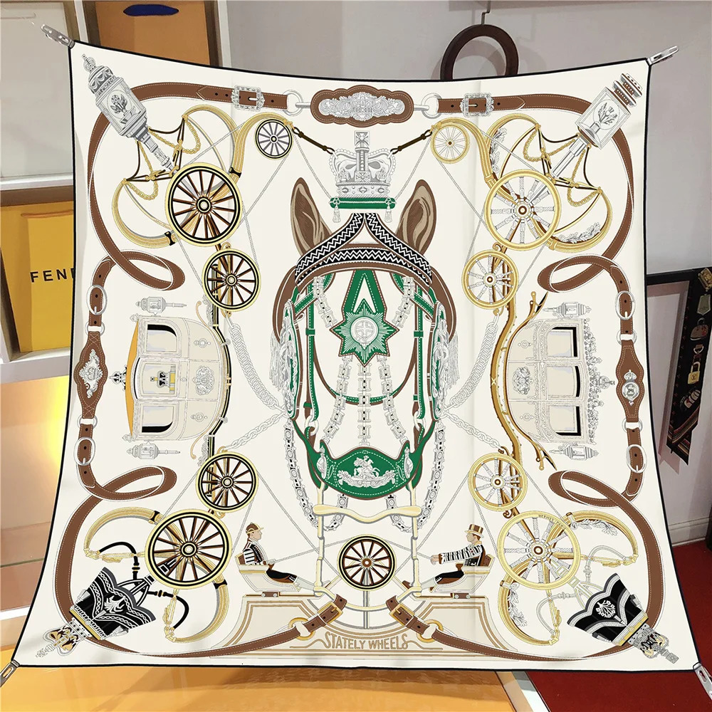 90CM Silk Scarf Women Horse Carriage Print Square Scarves Head Echarpes Silk Foulards Femme Wraps Beach Shawl Bandana Lady Hijab 250527
