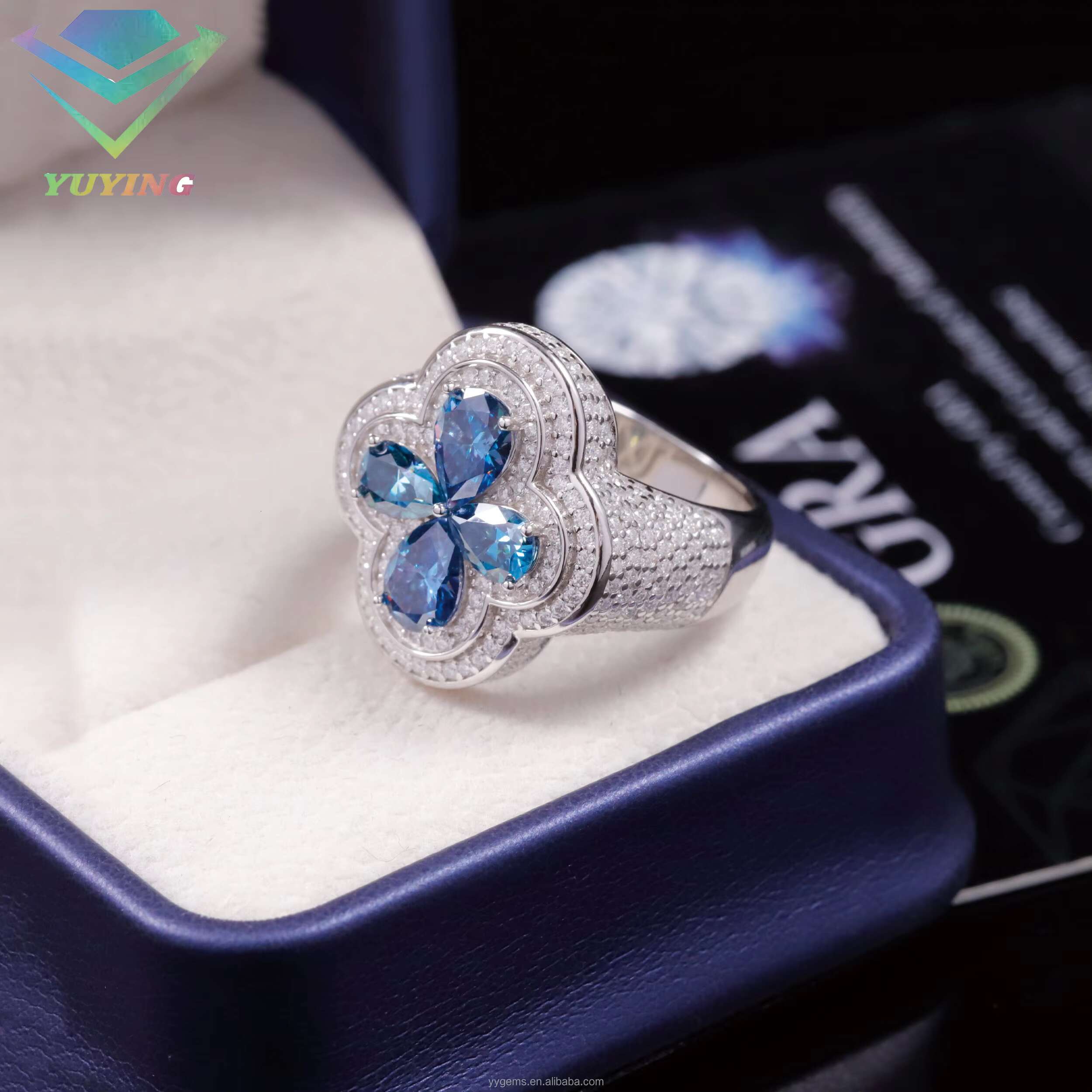 Fashion Clover Blue Mossanite Ring Fine Jewelry 925 Sterling Silver Hip Hop Ring for Men Women VVS Moissanite Diamond Cuban Ring
