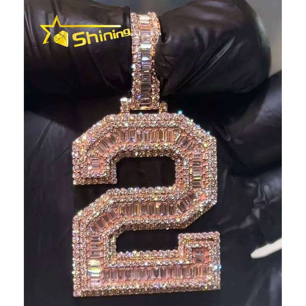 Rose Gold Baguette Letter Hip Hop Jewelry Iced Out Sterling Sier Moissanite Charm Pendant Number