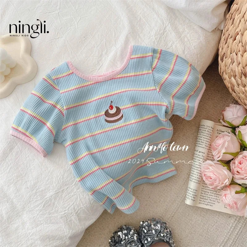 Childrens Clothing Girls Short Sleeve Tshirt Summer Sweater Blue Striped Cake Womens Top 250528
