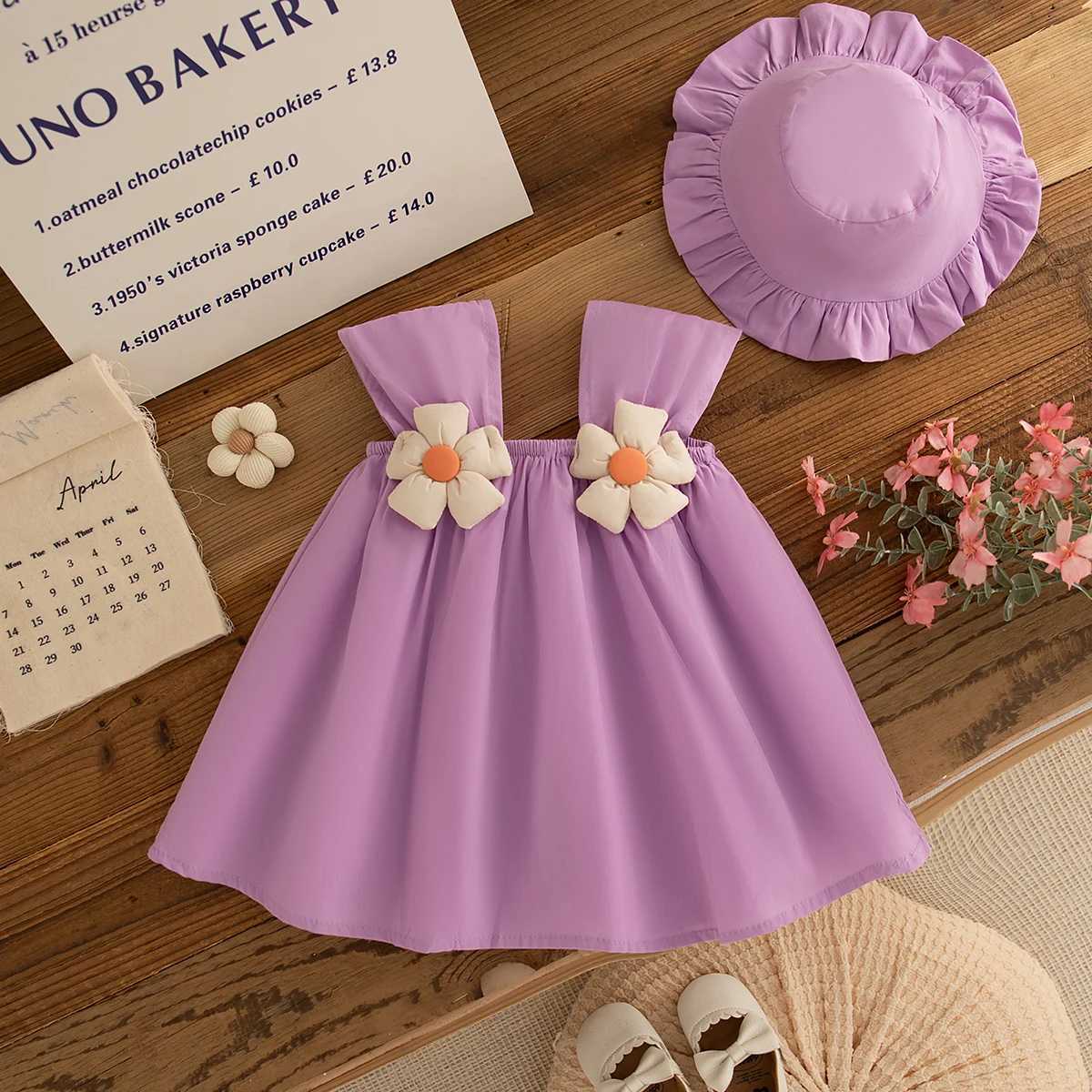 Baby Girl Dress Summer Floral Pattern Solid Color Sling Beach Simple Baby Dresses Cute Casual Baby Girl Dress With Hat X250528