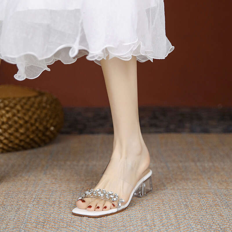 Women's Sandals 2025 Summer New Trendy Outdoor Transparent Rhinestone Elegant Fairy One-Strap High Chunky Heels