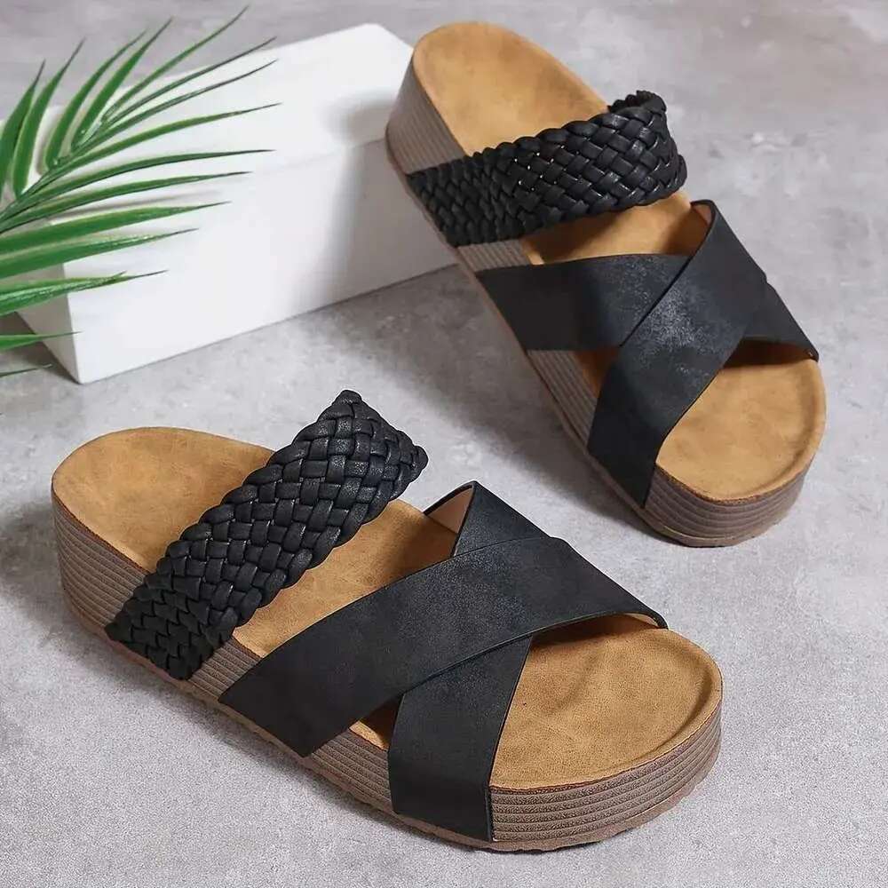 Summer Espadrille Women's Slide Sandals, Crisscross Band Open Toe Casual Outdoor Platform Slides