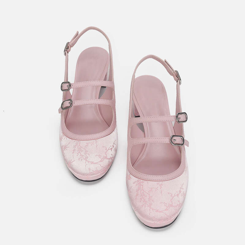 French Style Niche Chunky Sandals for Women 2024 Spring New Mid Heel Open Back Embroidered Double Strap Mary Jane Shoes
