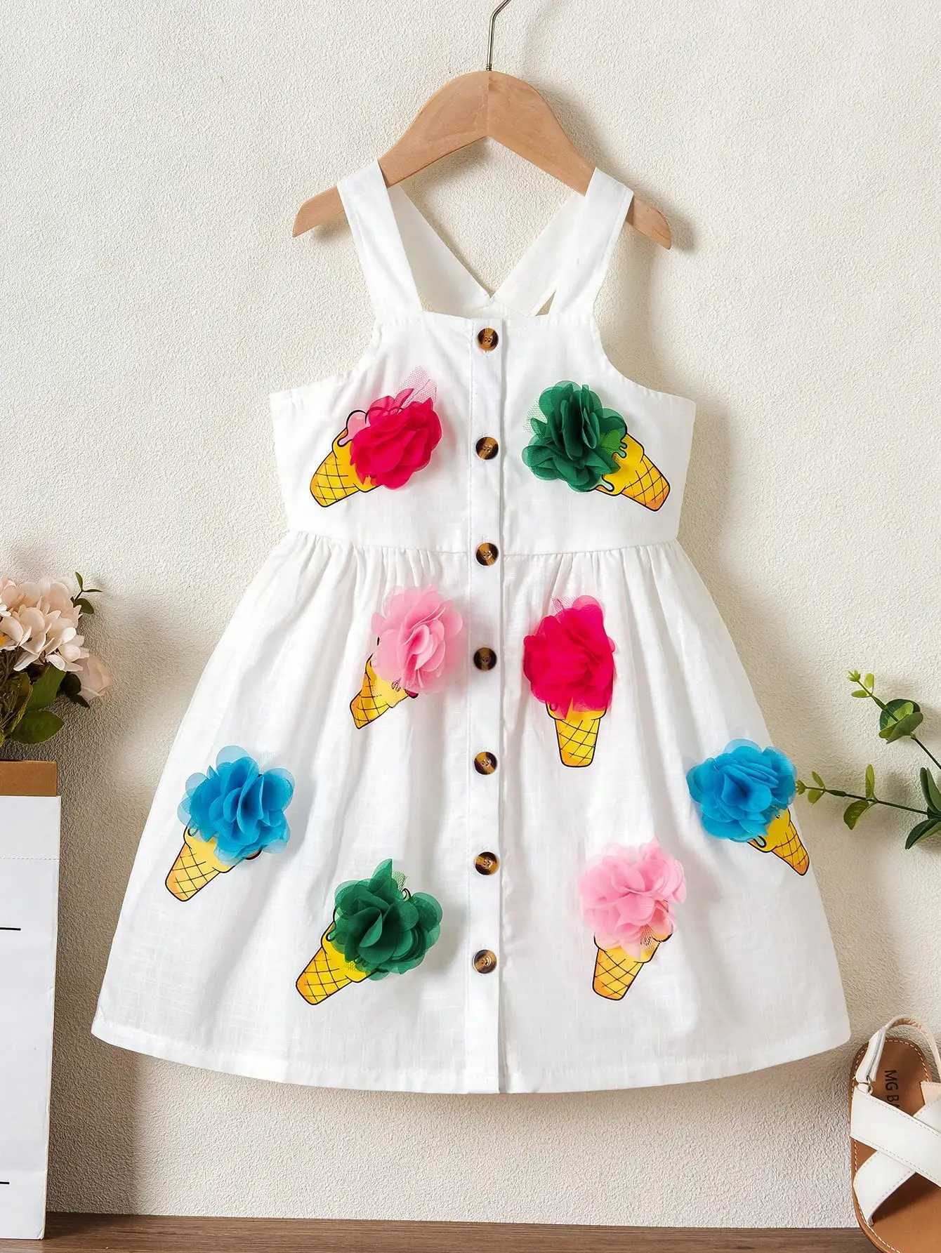 Girls Ice Cream Print Dress - White Woven Sleeveless Summer Gown with 3D Flowers Soft Outfit for Family Daily 4-7Y X250528