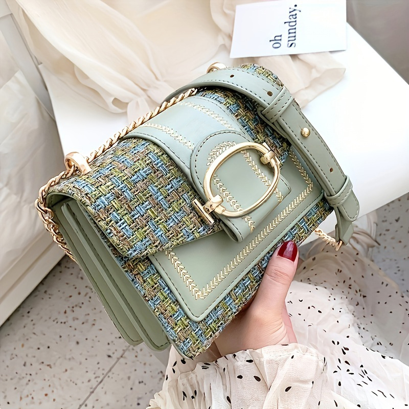 Mini Plaid Pattern Tweed Buckle Decorated Shoulder Square Bag, Chain Crossbody Flap Wallet, Suitable for Daily Use