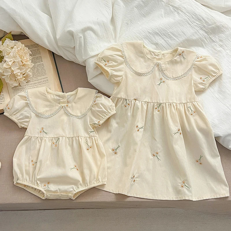 Infant Baby Girls Lace Collar Dress Rompers Sisters Clothes Kids Embroider Flower Princess Family 250528