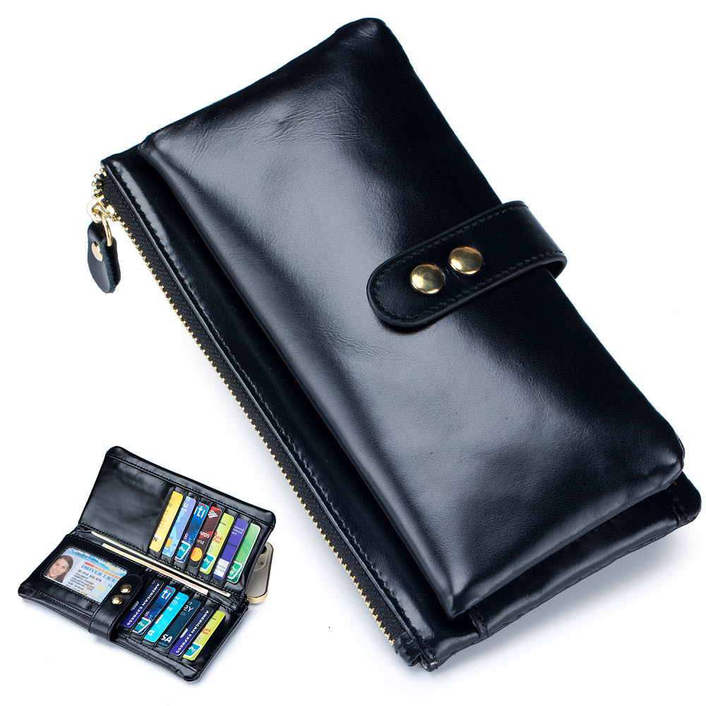 Free Shipping Designer Wallet Oil Wax Long Genuine Leather Multi-card Slot Card Holder Cowhide Multi-function Wallet Phone Bag Fashionable Handbag