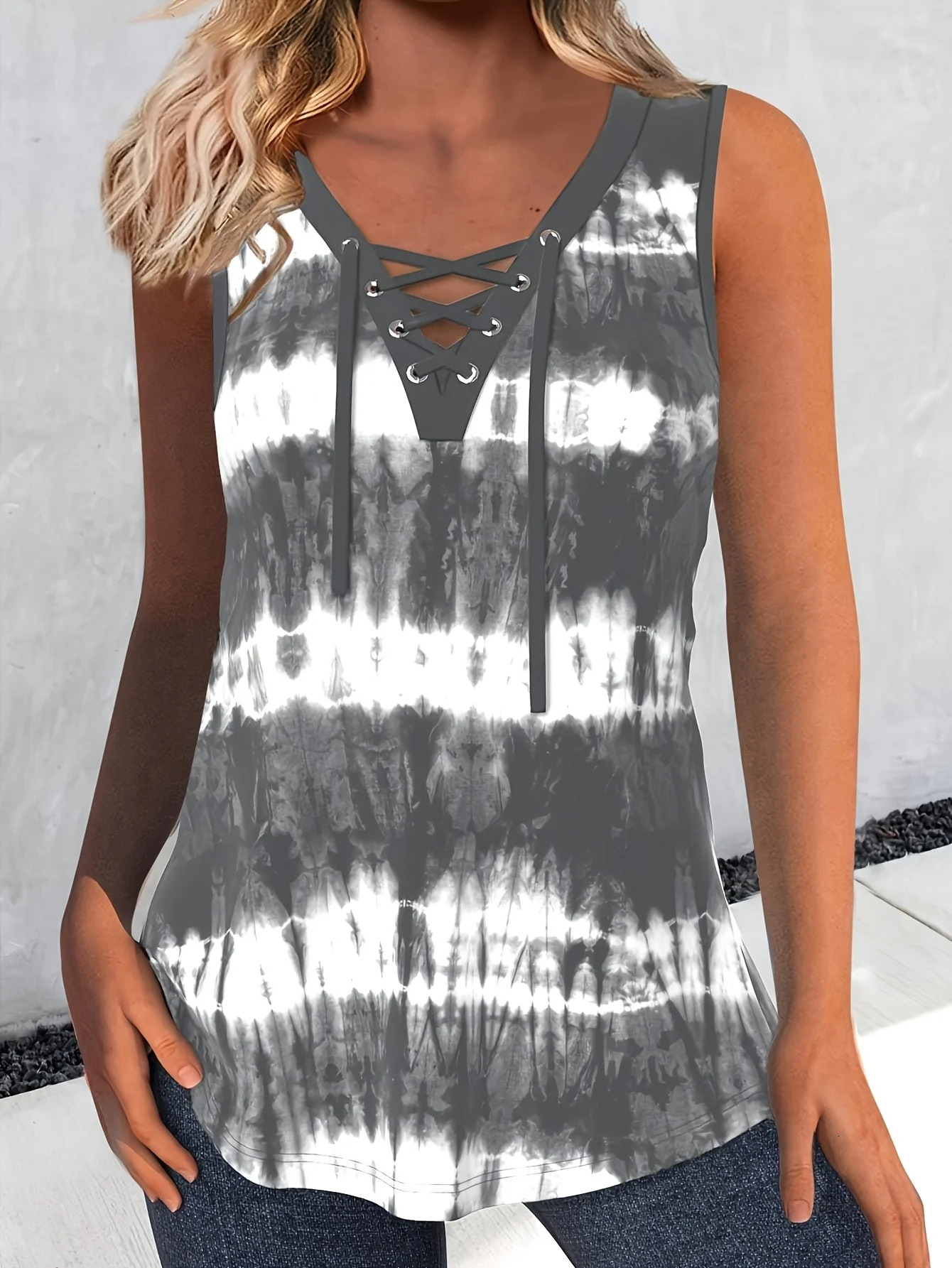 Plus Size Womens Fashion Tie Dye Print Sleeveless Tank Tops Ladies Casual Round Neck with Crisscross Detail Summer 250519