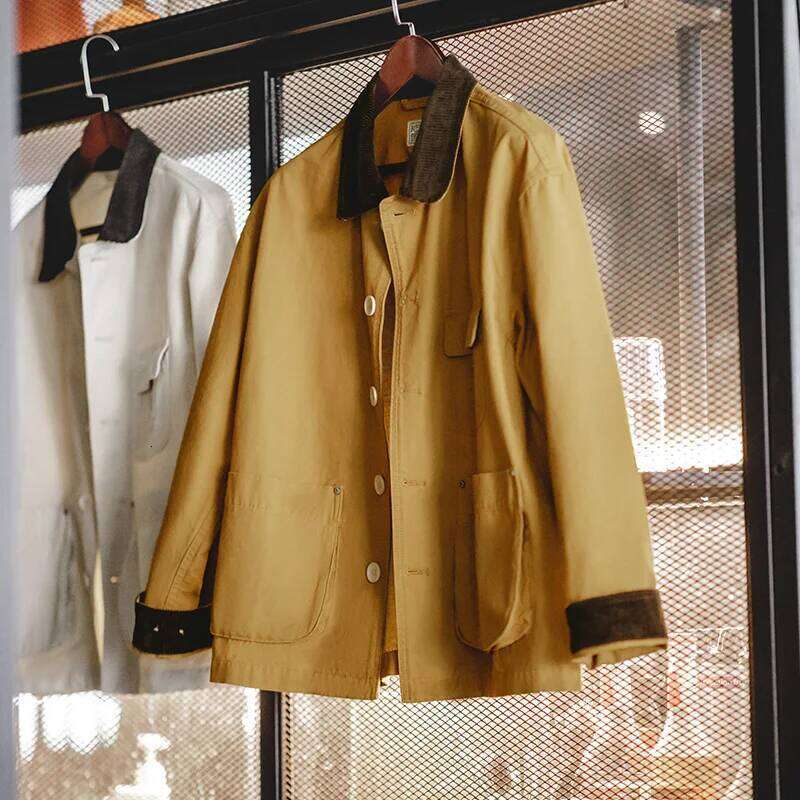 Maden Women's Corduroy Lapel Collar Spring Ginger and Beige Color Working Jacket Oversized Vintage Coat Hunting Tops