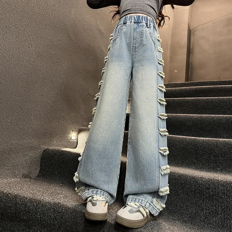 Girls American street side wear jeans versatile childrens ripped wideleg pants fashionable straight 515 year 250528