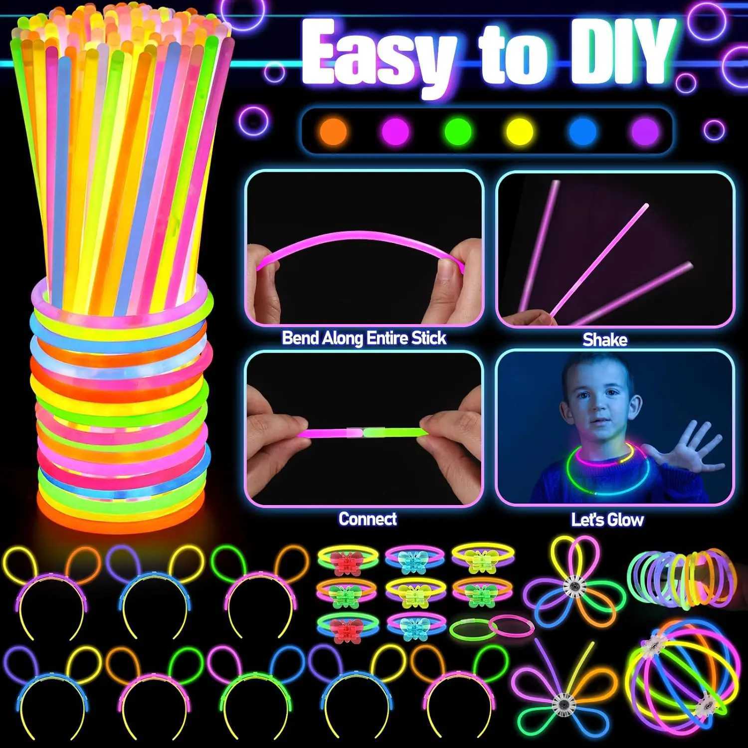 286-Pack LED Party Supplies Glow Glasses Tubes Hair Clips Sticks DIY Bracelets Headbands for Neon Party W250528