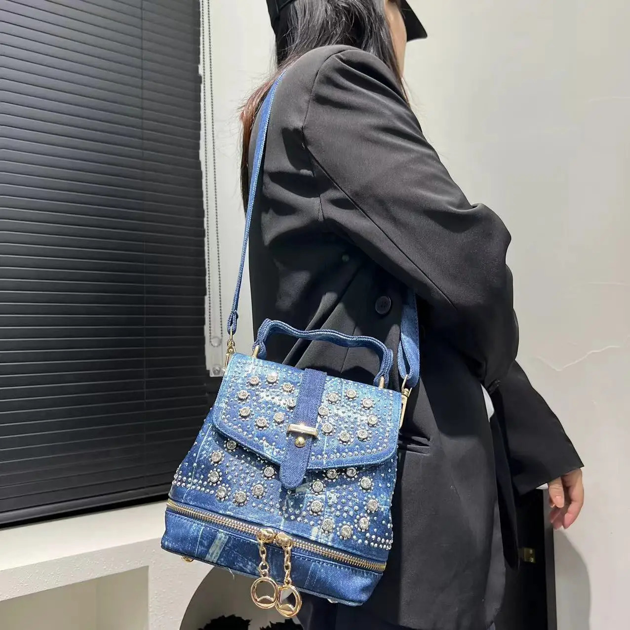 Womens Fashion Diamond Elegant Backpack Multifunctional Diamond Denim Shoulder Bag 250527