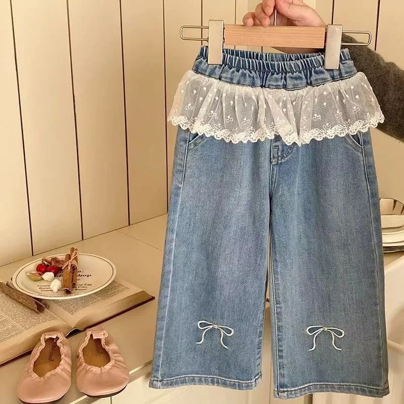 Girls Stitching Lace Denim Pants Spring Embroidered Bow Jeans Children Clothes Kids Straight Legged Loose Trousers 250528