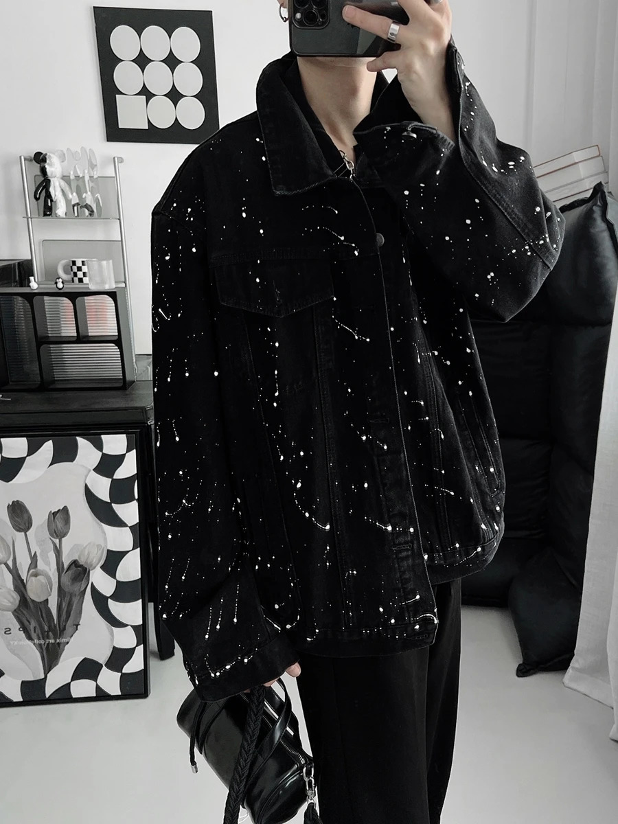 Mens 2024 Spring Autumn Loose Trendy Male Handsome Long Sleeve Tooling Denim Coats Casual Jacket Splash Ink Point Jackets 250516