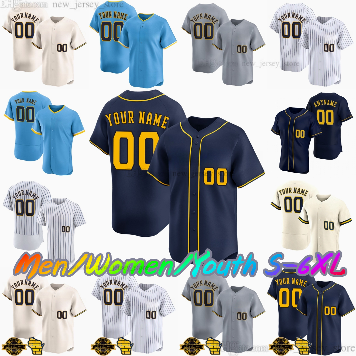 Custom S-6XL New 22 Christian Yelich Baseball Jersey 12 Rhys Hoskins 24 William Contreras 11 Jackson Chourio 10 Sal Frelick Freddy Peralta Joey Ortiz Stitched Jerseys
