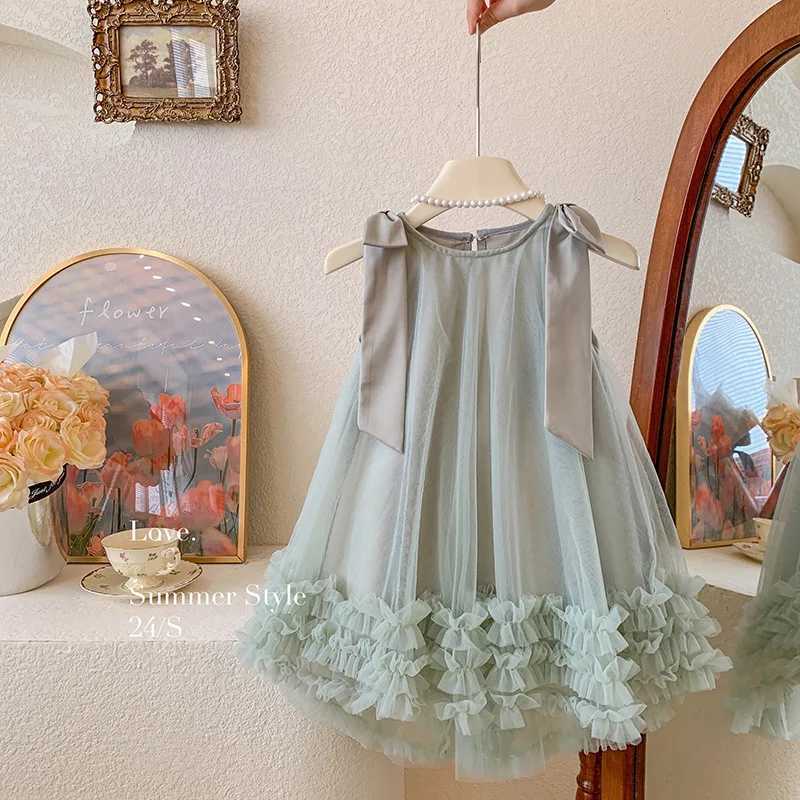 2024 Summer Korean Girls New Sleeveless Bow Solid Color Sweet and Gentle Princess Dress Childrens Trend X2505281