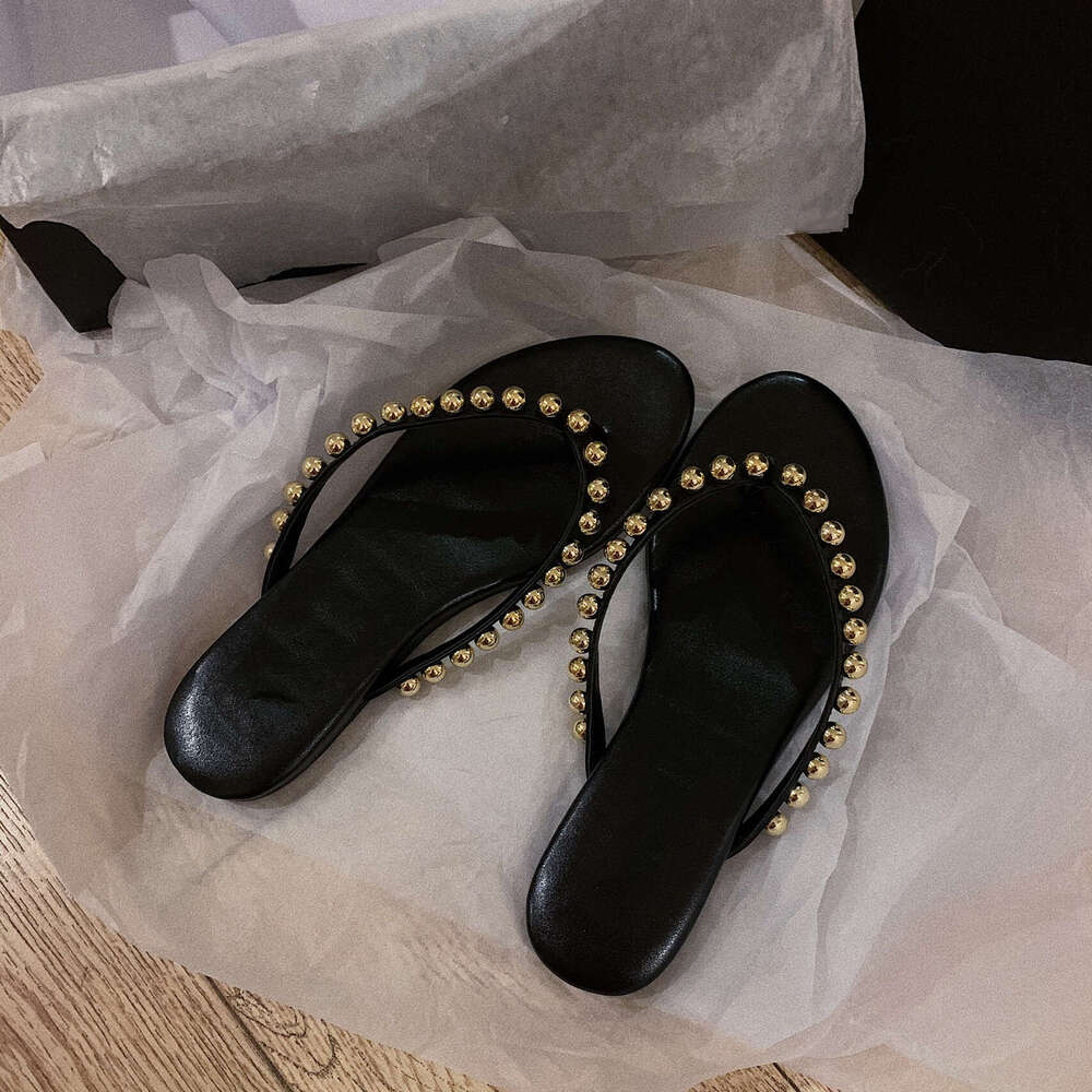2025 New Style High-End Beaded Genuine Leather Flat Flip-Flops for Women Summer Outdoor Sandals Toe Post Slippers Half Slides
