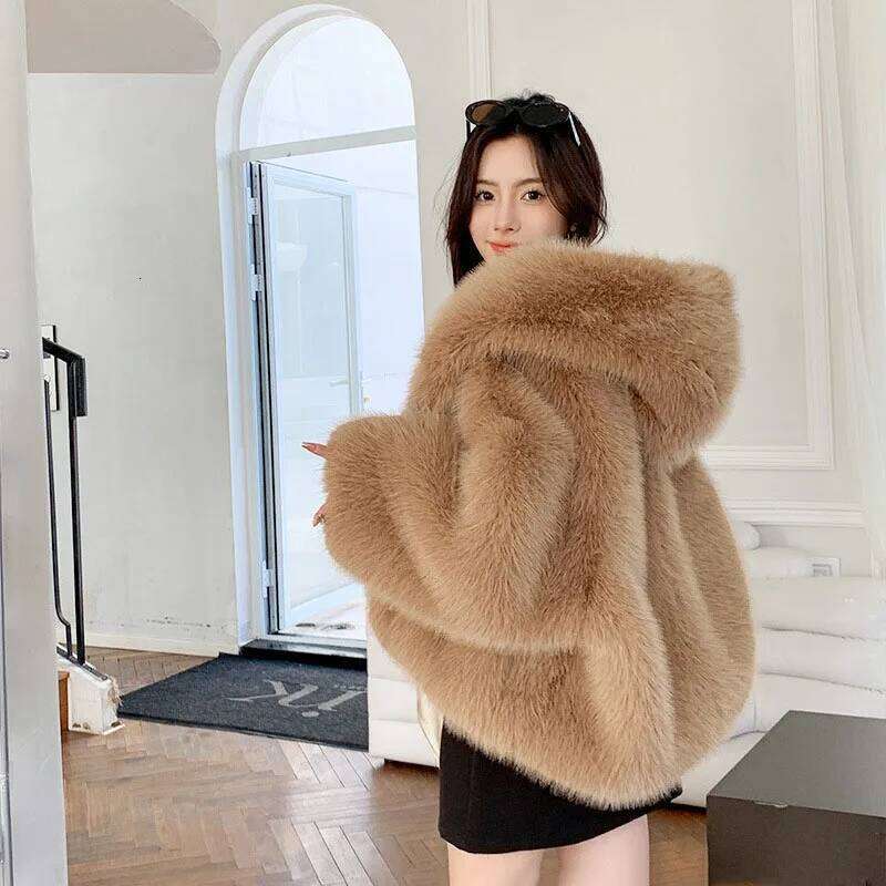 & 2025 New Fashion Winter Solid Color Temperament Faux fox Hair Hooded Women Fur Coat Qvercoat H181