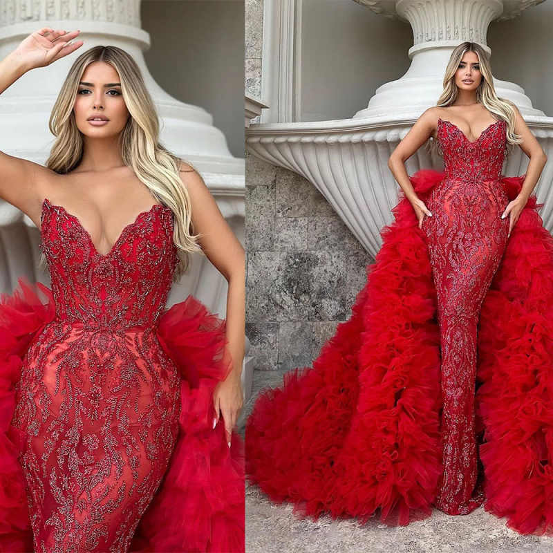 Stunning Strapless Evening Dresses Elegant Sleeveless Sequined Prom Dress Ruffles Puffy Detachable Train Party Dresses