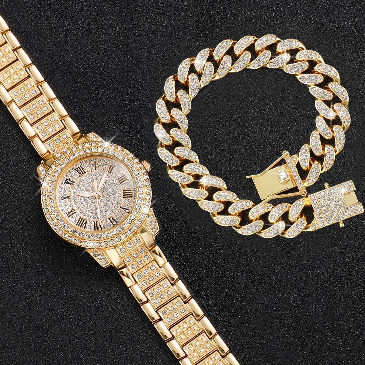 2PCS Fashion Diamond Women Watches Gold Watch Ladies Wrist Watches Luxury Rhinestone Womens Bracelet Watches Womens Watch XJ250527