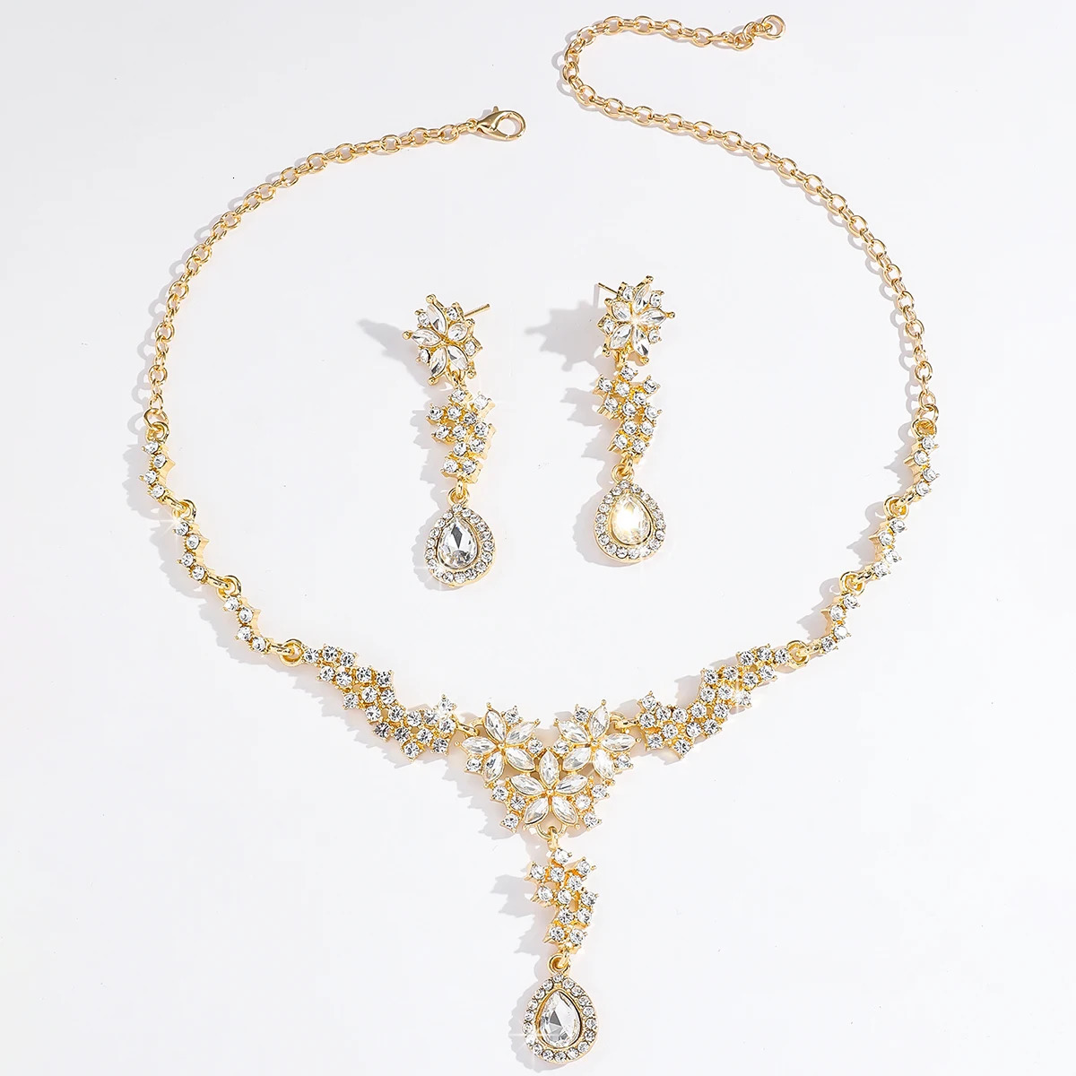3PC Womens Fashion Rhinestone Flower Water Drop Necklace Earrings Jewelry Set Suitable for Wedding Party Festival Gifts-8492 250527