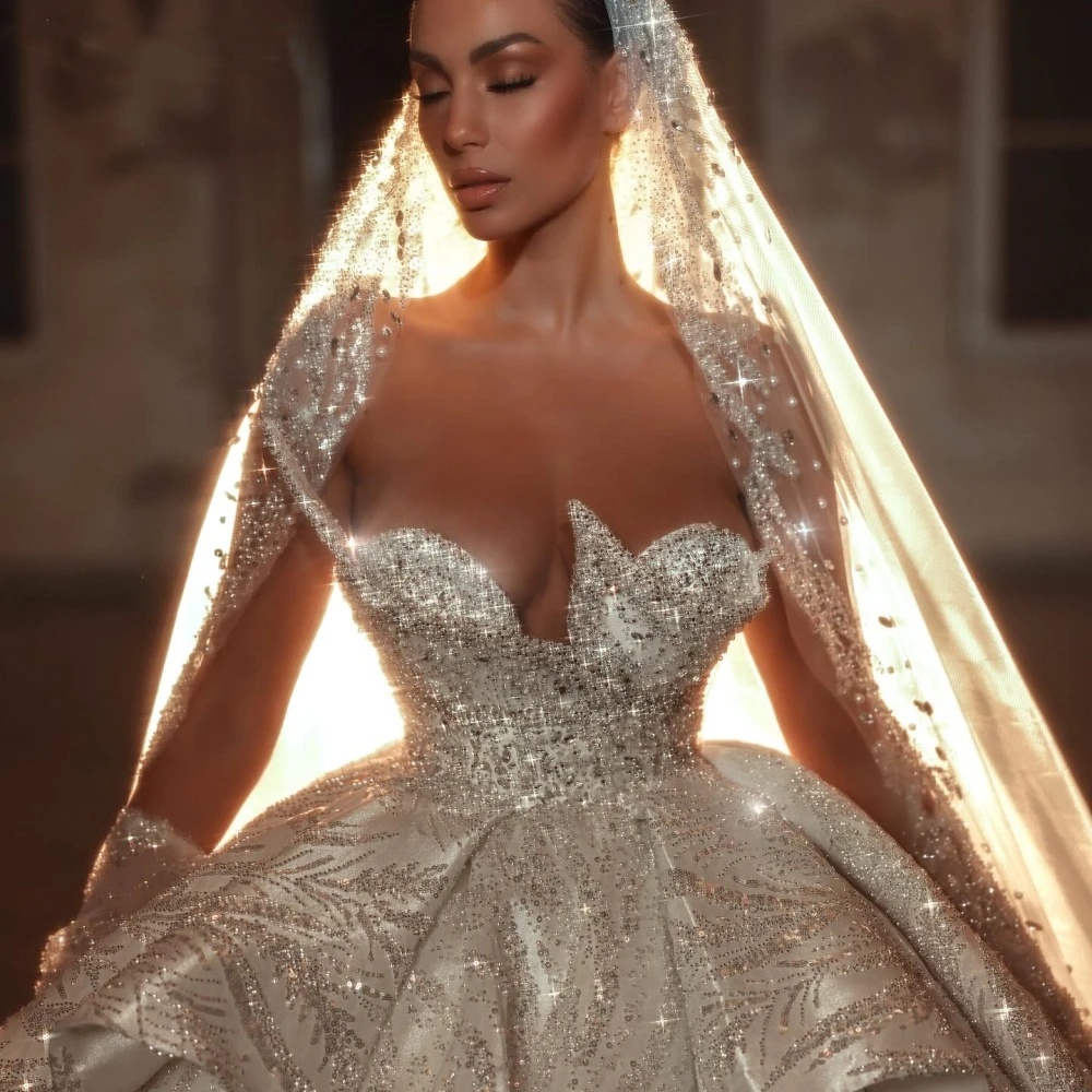 Gorgeous Perlas Wedding Dress Sequins Strapless Bridal Ball Gown Sleeveless With Veil Princess Sweep Train Customized Vestido De Novia Plus Size