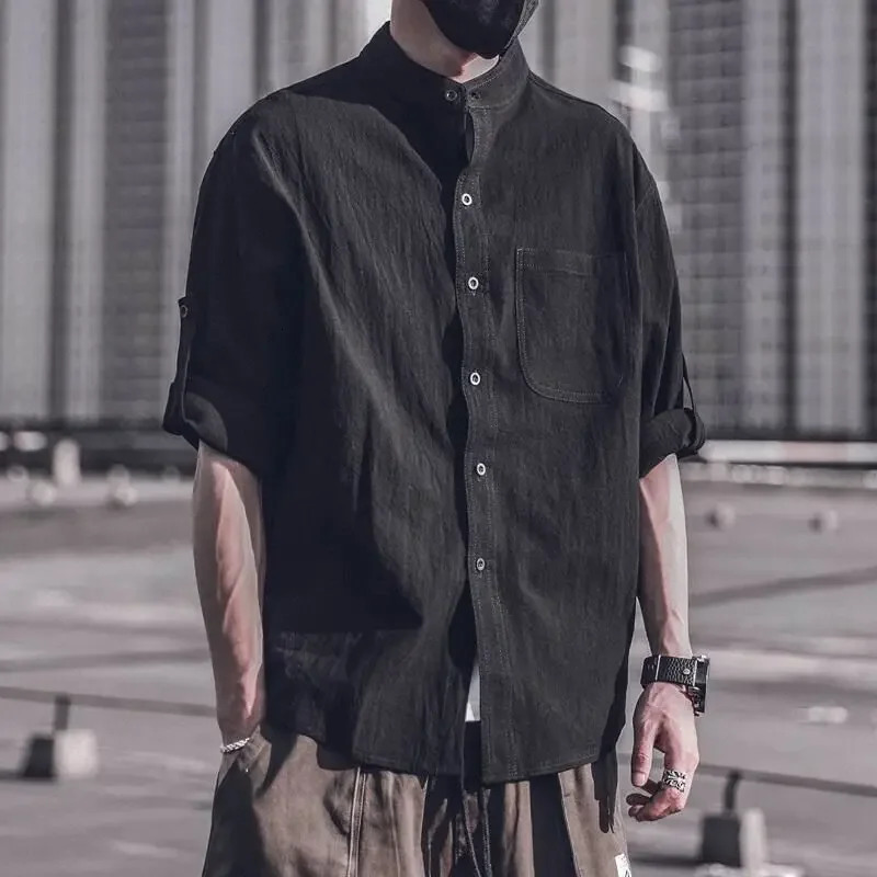 Mens Shirt with Pocket Plain Linen Male Shirts Clothing High Quality Casual Regular Japanese Vintage I Sleeves 250527