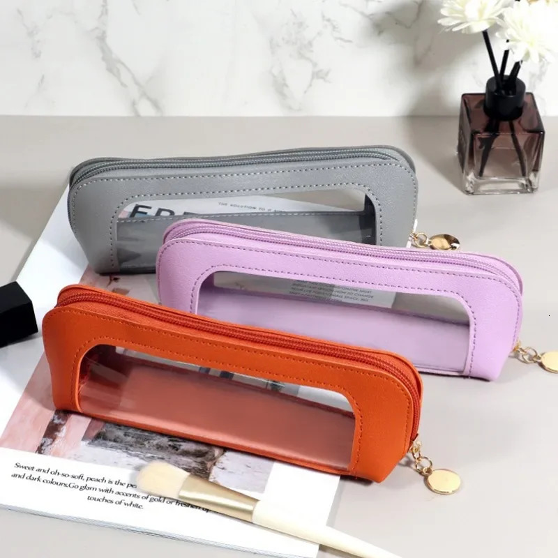 PU Pencil Case Portable Waterproof Transparent Cosmetic Bag Zipper Makeup Brush Storage Bag Sundries Organizers Stationery Gifts 250528