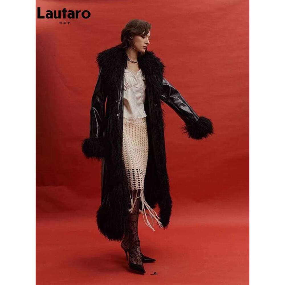 Lautaro Spring Autumn Long Black Shiny Patent Pu Leather Coat Women with Faux Fur Trim Designer Clothing European Fashion