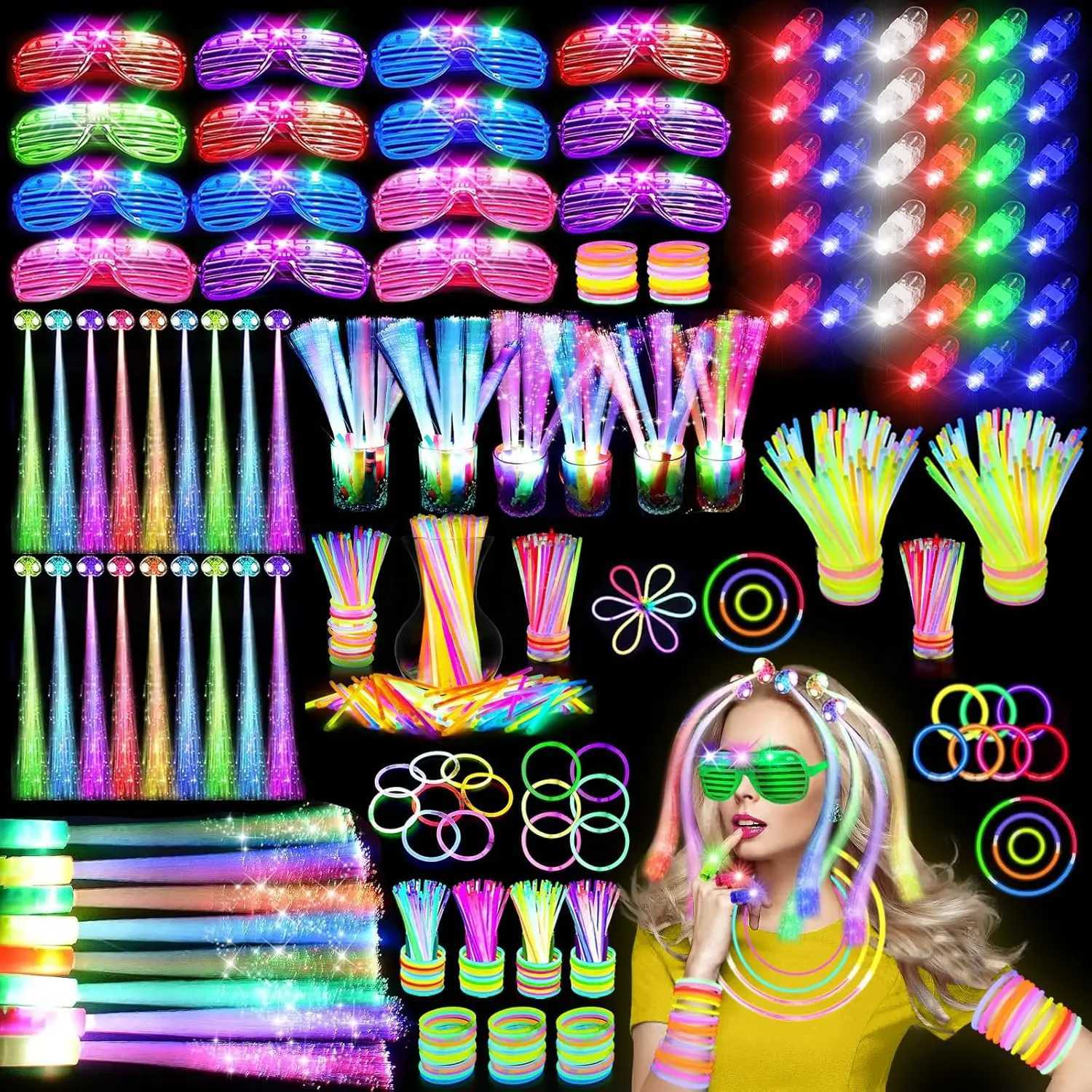 290-Pack LED Party Supplies 200 Glow Sticks 24 Fiber Wands 15 LED Glasses 33 Finger Lights 18 Hair Clips for Wedding W250528