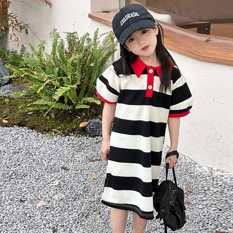 Mother-daughter Dress Parent-child Summer T-shirt Gown Childrens Striped Clothing Kids Girls Polo Shirt Loose Dresses 250528